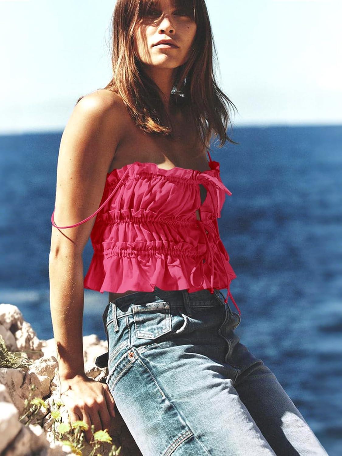 imageTankaneo Womens Summer Tie Front Crop Tops Cute Ruffle Ruched Spaghetti Strap Tank Tops Y2K Going Out ShirtsHot Pink