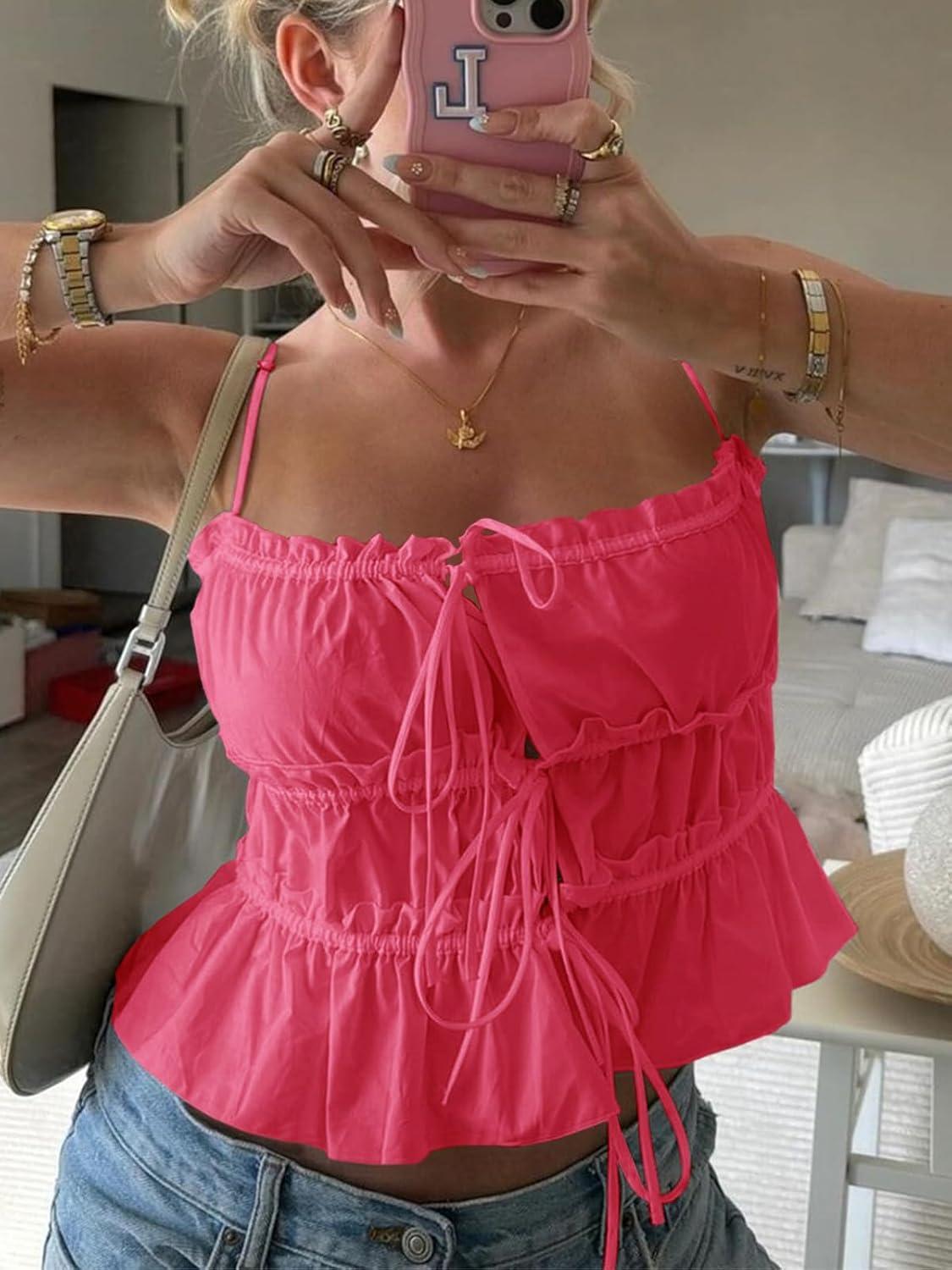 imageTankaneo Womens Summer Tie Front Crop Tops Cute Ruffle Ruched Spaghetti Strap Tank Tops Y2K Going Out ShirtsHot Pink