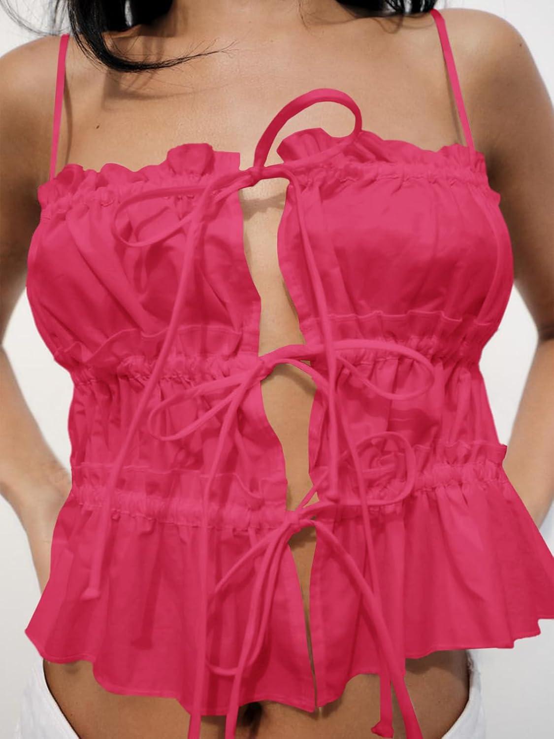 imageTankaneo Womens Summer Tie Front Crop Tops Cute Ruffle Ruched Spaghetti Strap Tank Tops Y2K Going Out ShirtsHot Pink