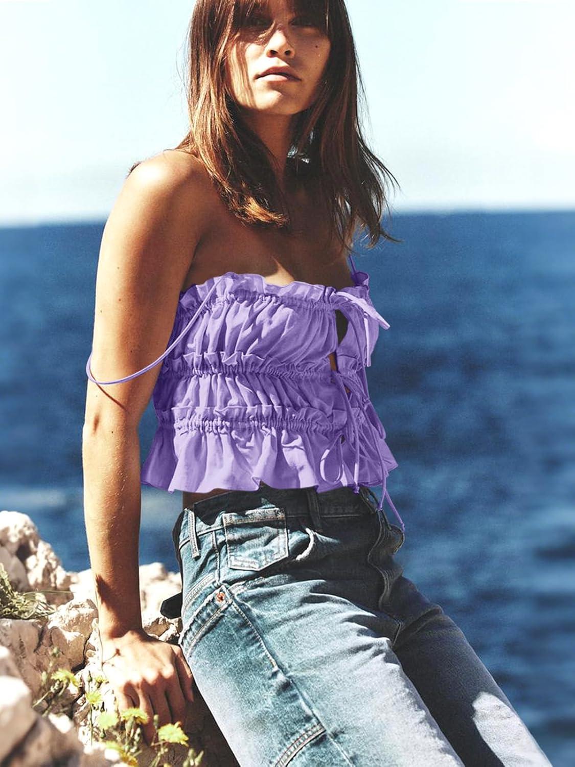imageTankaneo Womens Summer Tie Front Crop Tops Cute Ruffle Ruched Spaghetti Strap Tank Tops Y2K Going Out ShirtsLight Purple