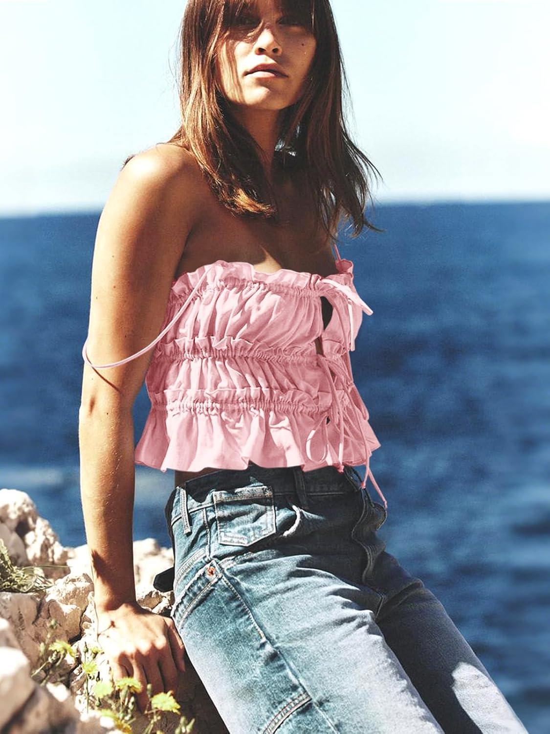 imageTankaneo Womens Summer Tie Front Crop Tops Cute Ruffle Ruched Spaghetti Strap Tank Tops Y2K Going Out ShirtsPink