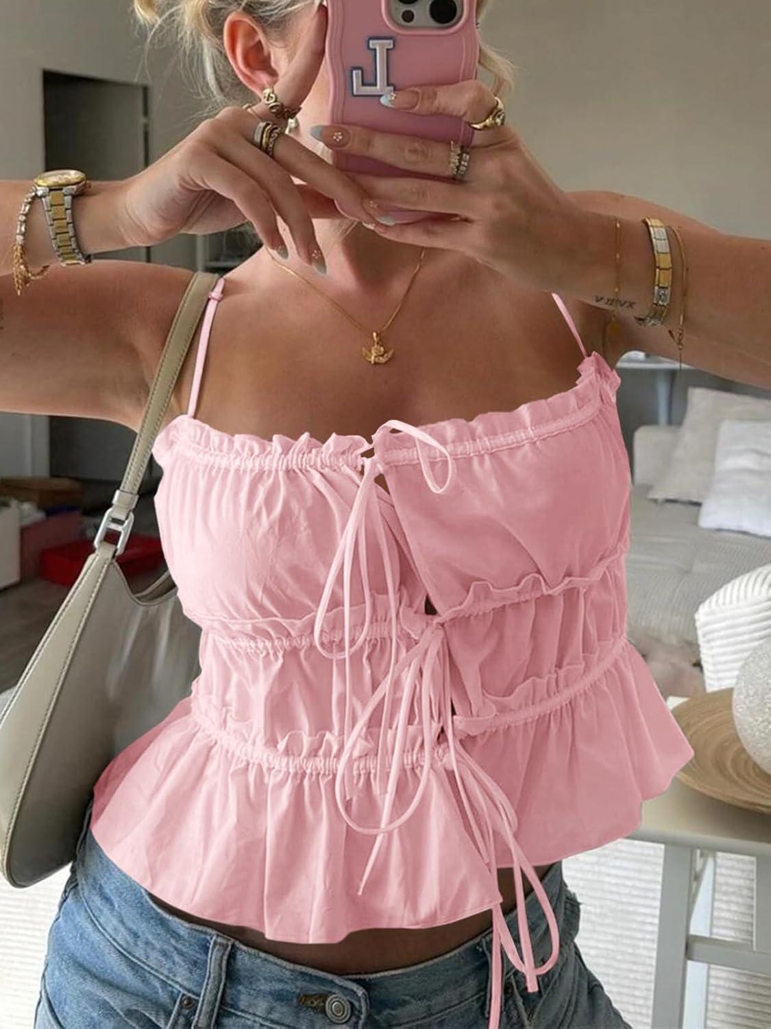 imageTankaneo Womens Summer Tie Front Crop Tops Cute Ruffle Ruched Spaghetti Strap Tank Tops Y2K Going Out ShirtsPink