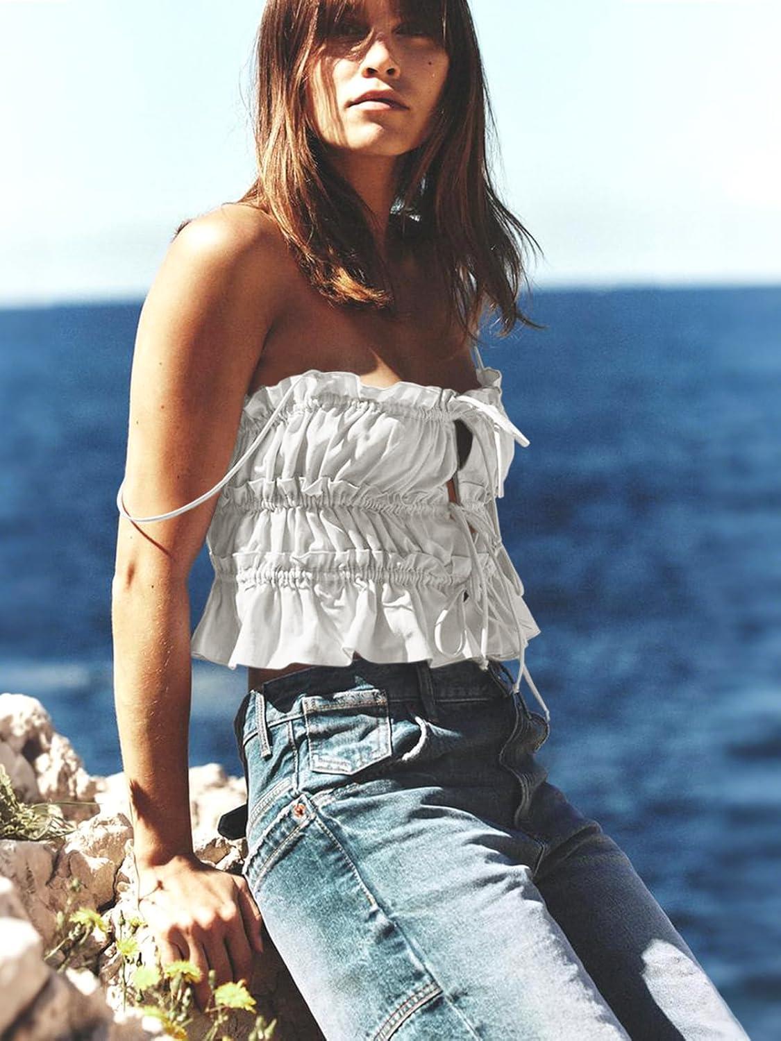 imageTankaneo Womens Summer Tie Front Crop Tops Cute Ruffle Ruched Spaghetti Strap Tank Tops Y2K Going Out ShirtsWhite