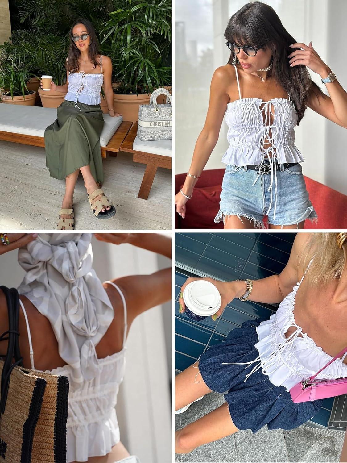 imageTankaneo Womens Summer Tie Front Crop Tops Cute Ruffle Ruched Spaghetti Strap Tank Tops Y2K Going Out ShirtsWhite