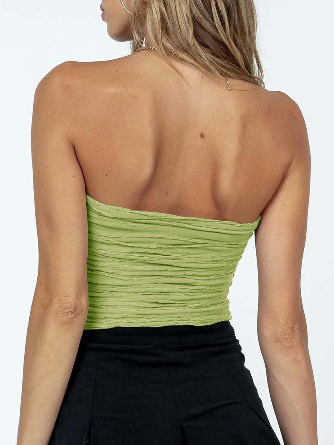 imageTankaneo Womens Textured Tube Top Sexy Strapless Solid Crop Tops Sleeveless Stretch Party Clubwear Tank TopLight Green
