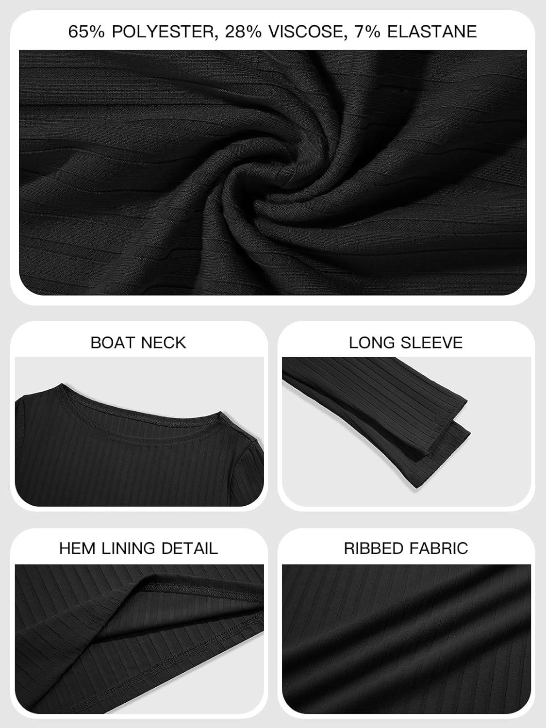 imageWomens Long Sleeve Shirts Ribbed Crop Going Out Tops Slim Fit Boat Neck 2025 Fall Fashion Y2k Basic TeesBlack