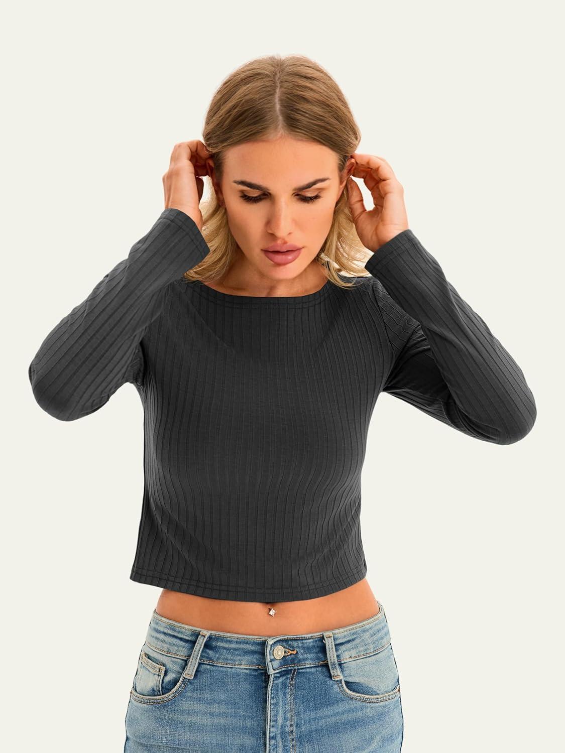 imageWomens Long Sleeve Shirts Ribbed Crop Going Out Tops Slim Fit Boat Neck 2025 Fall Fashion Y2k Basic TeesBlack