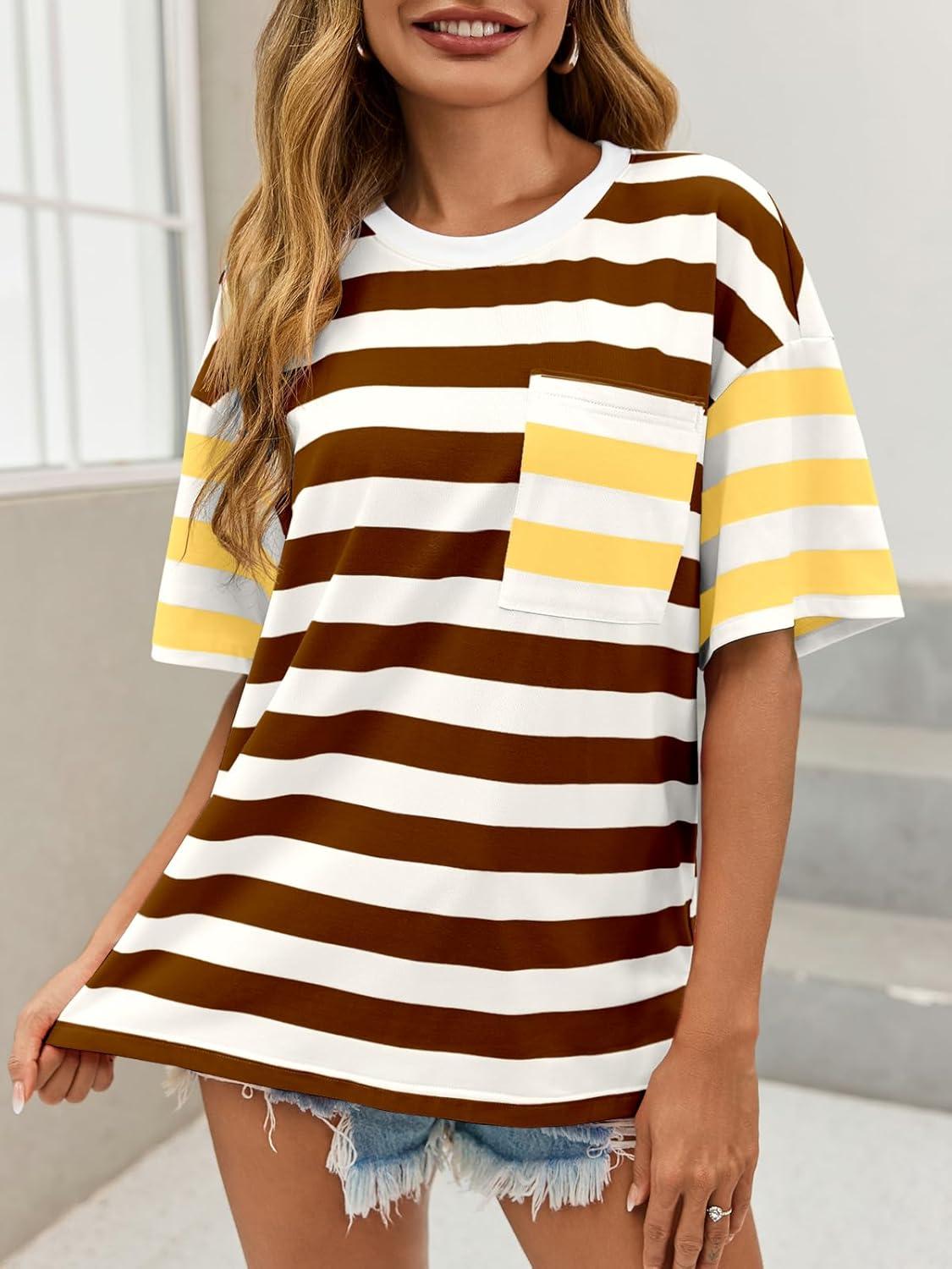 imageWomens Oversized Color Block Striped Tshirts Summer Casual Short Sleeve Tops Loose Fit Crew Neck ShirtsBrown