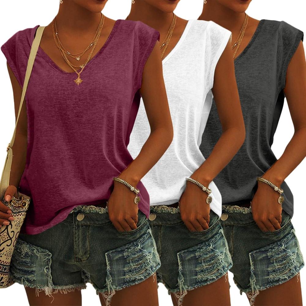 imageTankaneo 3 Pack Womens Cap Sleeve Tops V Neck Loose Fit Tshirts Spring Summer Casual Basic TeesWhite black Grey burgundy