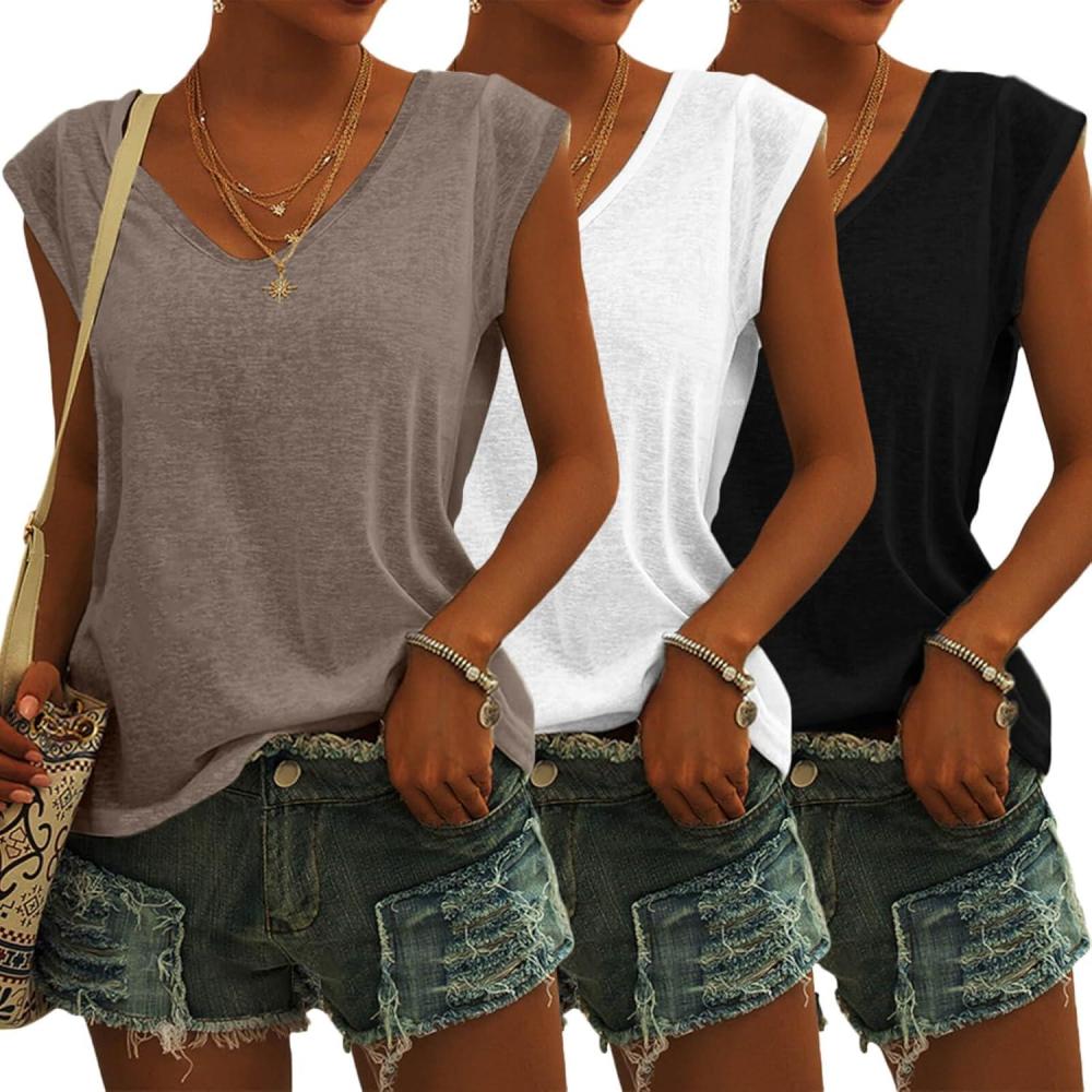 imageTankaneo 3 Pack Womens Cap Sleeve Tops V Neck Loose Fit Tshirts Spring Summer Casual Basic TeesWhite black brown