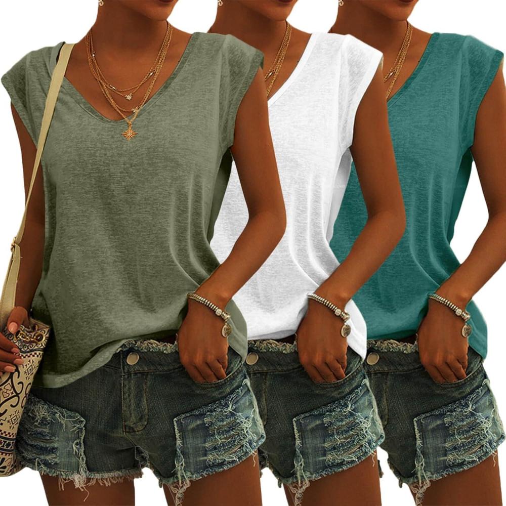 imageTankaneo 3 Pack Womens Cap Sleeve Tops V Neck Loose Fit Tshirts Spring Summer Casual Basic TeesWhite lake Blue army Green