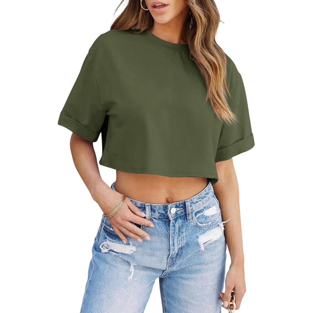 imageTankaneo Women Crop TShirts Half Sleeve Drop Shoulder Cropped Tops Y2K Casual Summer Basic TeesArmy Green