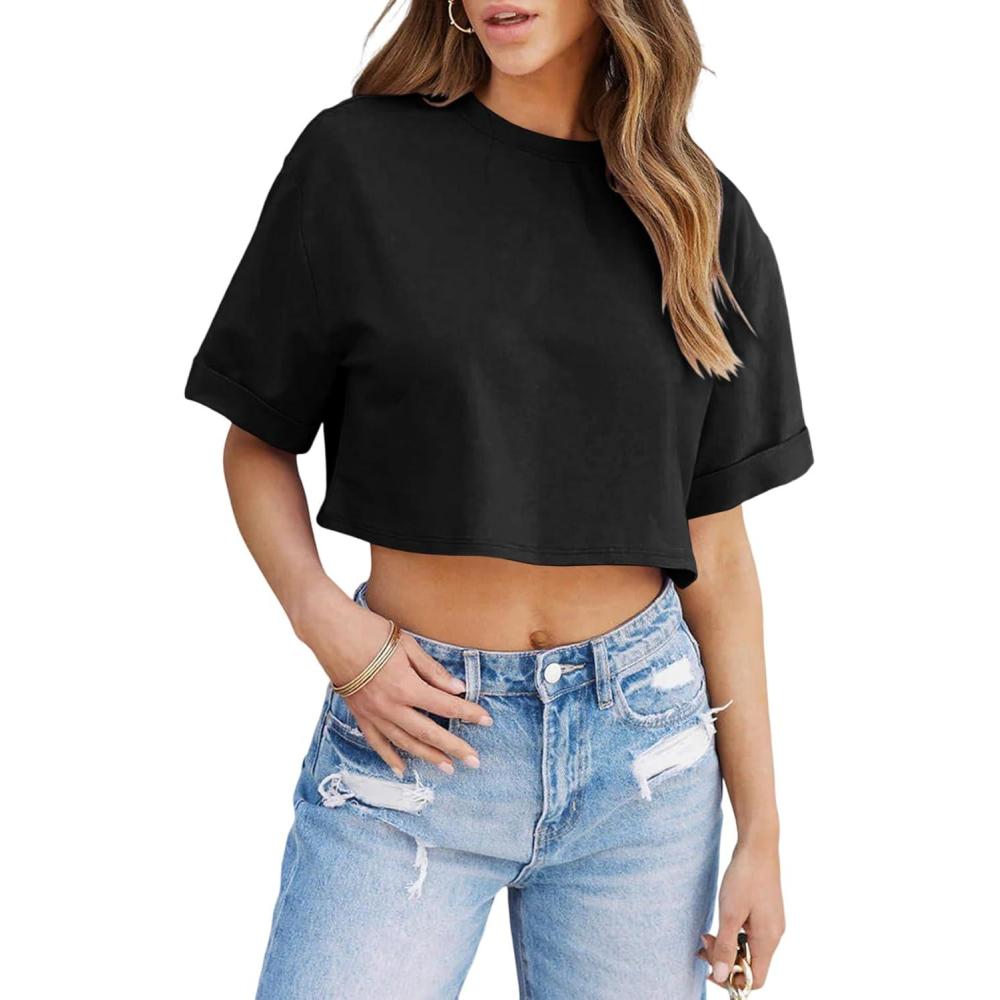imageTankaneo Women Crop TShirts Half Sleeve Drop Shoulder Cropped Tops Y2K Casual Summer Basic TeesBlack