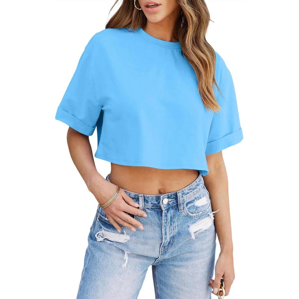 imageTankaneo Women Crop TShirts Half Sleeve Drop Shoulder Cropped Tops Y2K Casual Summer Basic TeesBlue
