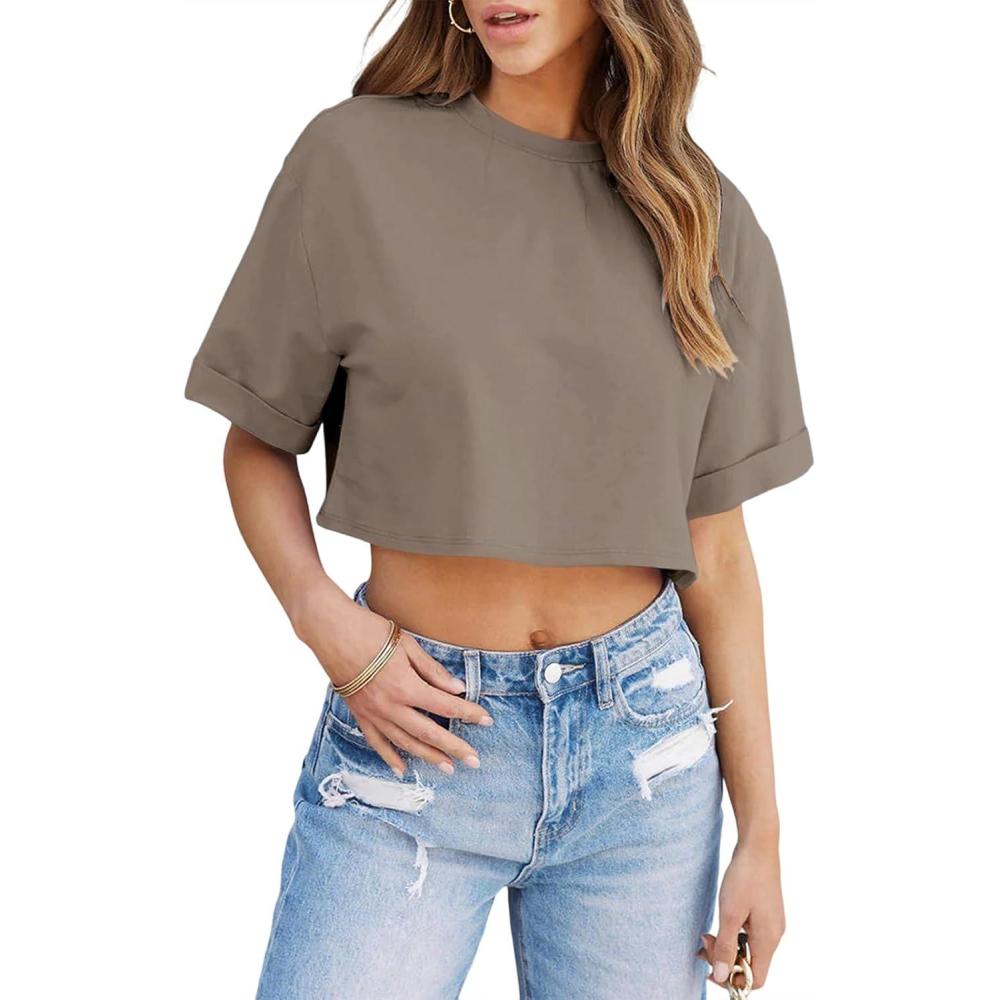 imageTankaneo Women Crop TShirts Half Sleeve Drop Shoulder Cropped Tops Y2K Casual Summer Basic TeesCoffee