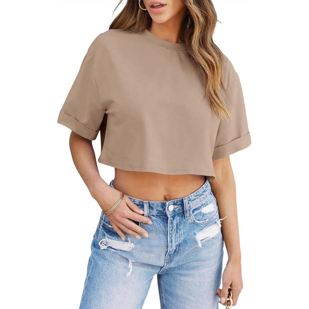 imageTankaneo Women Crop TShirts Half Sleeve Drop Shoulder Cropped Tops Y2K Casual Summer Basic TeesDark Khaki