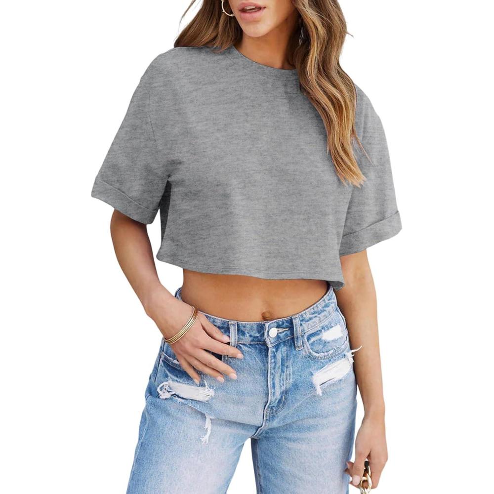 imageTankaneo Women Crop TShirts Half Sleeve Drop Shoulder Cropped Tops Y2K Casual Summer Basic TeesGrey