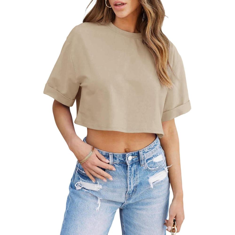 imageTankaneo Women Crop TShirts Half Sleeve Drop Shoulder Cropped Tops Y2K Casual Summer Basic TeesKhaki