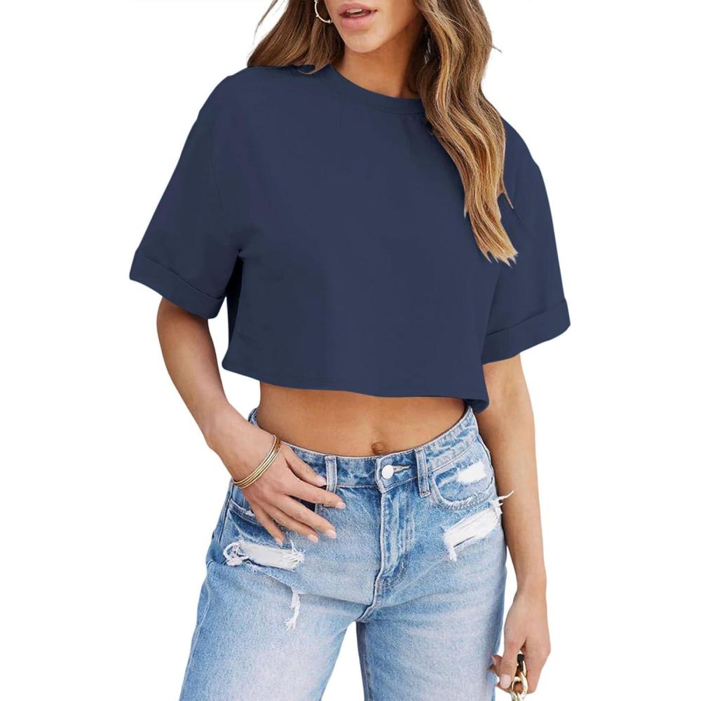 imageTankaneo Women Crop TShirts Half Sleeve Drop Shoulder Cropped Tops Y2K Casual Summer Basic TeesNavy