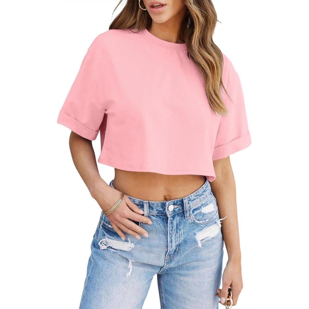 imageTankaneo Women Crop TShirts Half Sleeve Drop Shoulder Cropped Tops Y2K Casual Summer Basic TeesPink