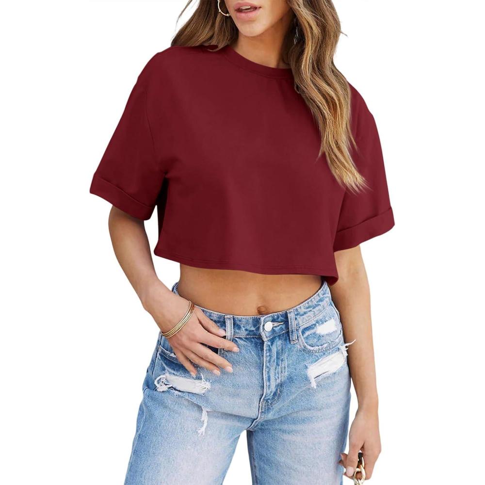 imageTankaneo Women Crop TShirts Half Sleeve Drop Shoulder Cropped Tops Y2K Casual Summer Basic TeesWine Red