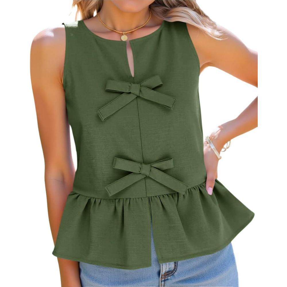 imageTankaneo Womens Bow Peplum Tank Tops Summer Sleeveless Babydoll Cotton Blouses Loose Fit Flowy Casual ShirtsArmy Green