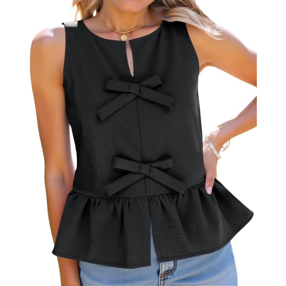imageTankaneo Womens Bow Peplum Tank Tops Summer Sleeveless Babydoll Cotton Blouses Loose Fit Flowy Casual ShirtsBlack