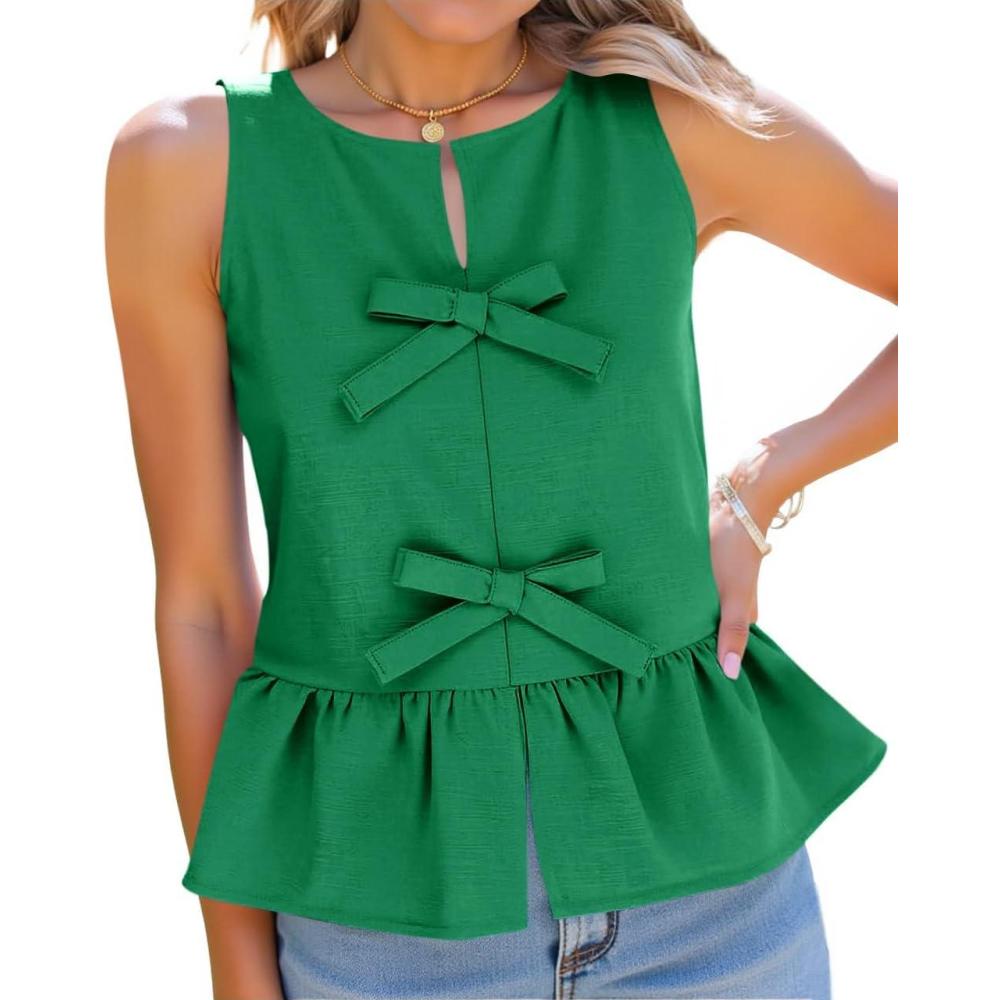 imageTankaneo Womens Bow Peplum Tank Tops Summer Sleeveless Babydoll Cotton Blouses Loose Fit Flowy Casual ShirtsGreen