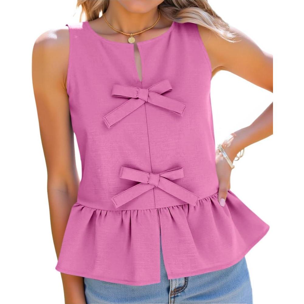 imageTankaneo Womens Bow Peplum Tank Tops Summer Sleeveless Babydoll Cotton Blouses Loose Fit Flowy Casual ShirtsHot Pink