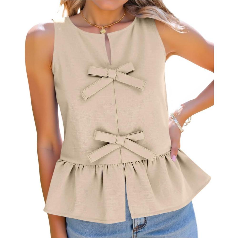 imageTankaneo Womens Bow Peplum Tank Tops Summer Sleeveless Babydoll Cotton Blouses Loose Fit Flowy Casual ShirtsLight Khaki