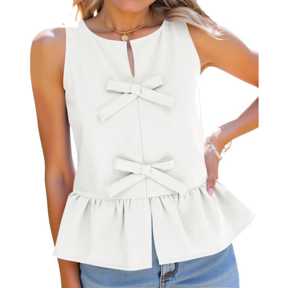 imageTankaneo Womens Bow Peplum Tank Tops Summer Sleeveless Babydoll Cotton Blouses Loose Fit Flowy Casual ShirtsWhite