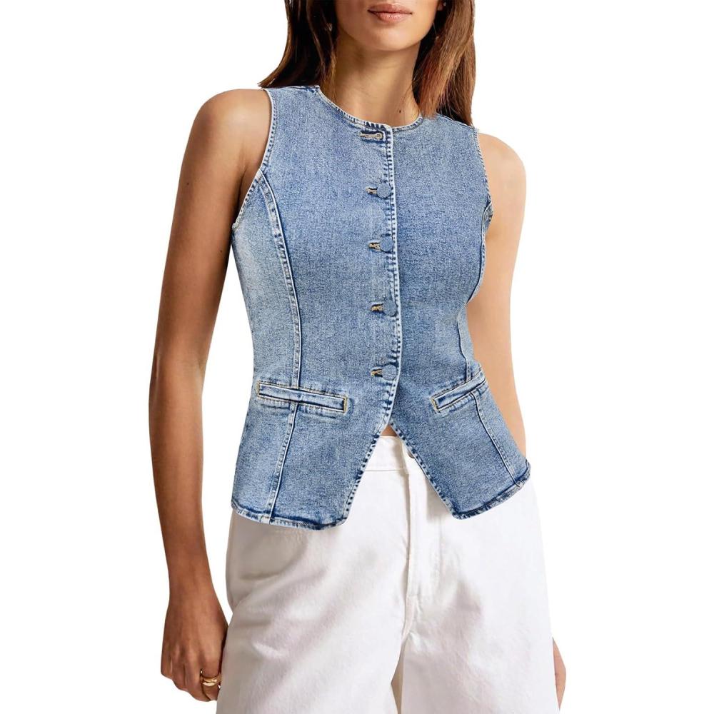 imageTankaneo Womens Button Down Denim Vest Tops Sleeveless Fitted Jean Tank Tops Summer Trendy Casual WaistcoatBlue