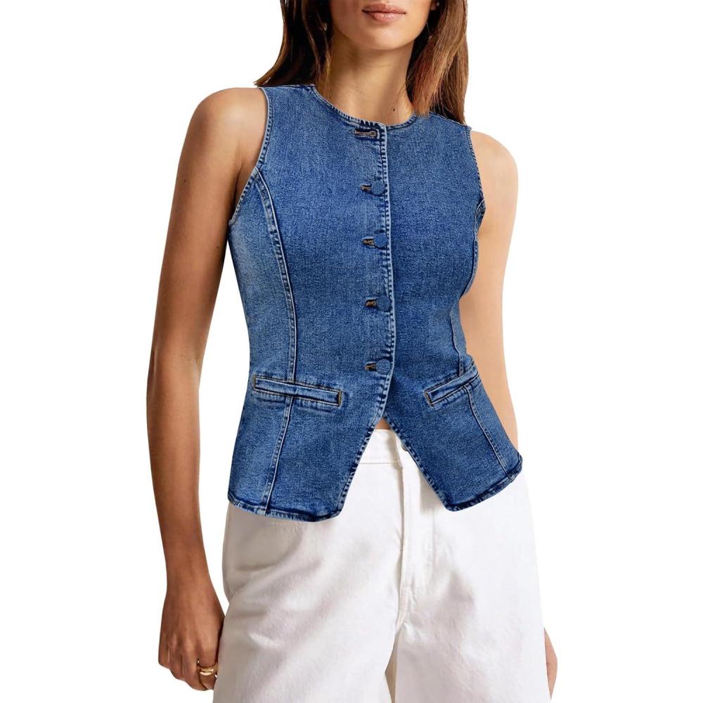 imageTankaneo Womens Button Down Denim Vest Tops Sleeveless Fitted Jean Tank Tops Summer Trendy Casual WaistcoatNavy
