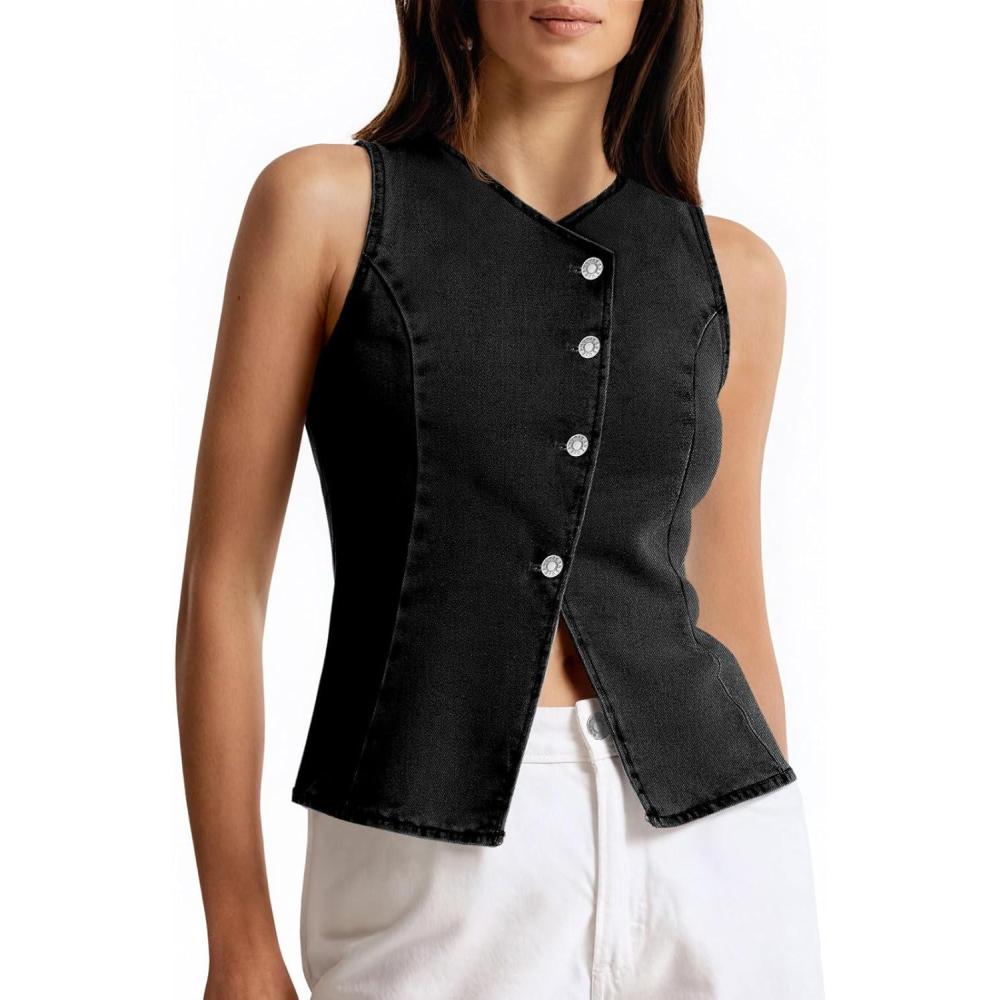 imageTankaneo Womens Button Down Denim Vests Tops Sleeveless Fitted Jean Tank Tops Y2k Trendy Casual WaistcoatBlack