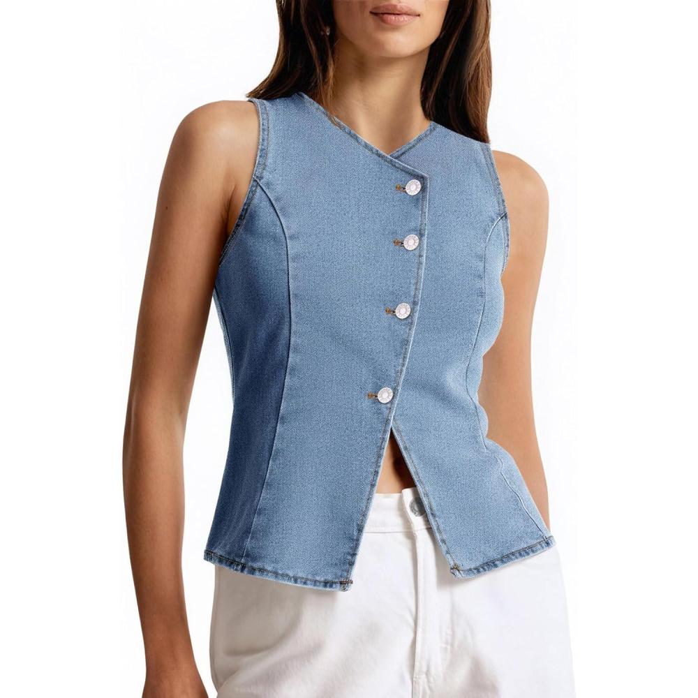 imageTankaneo Womens Button Down Denim Vests Tops Sleeveless Fitted Jean Tank Tops Y2k Trendy Casual WaistcoatLight Blue