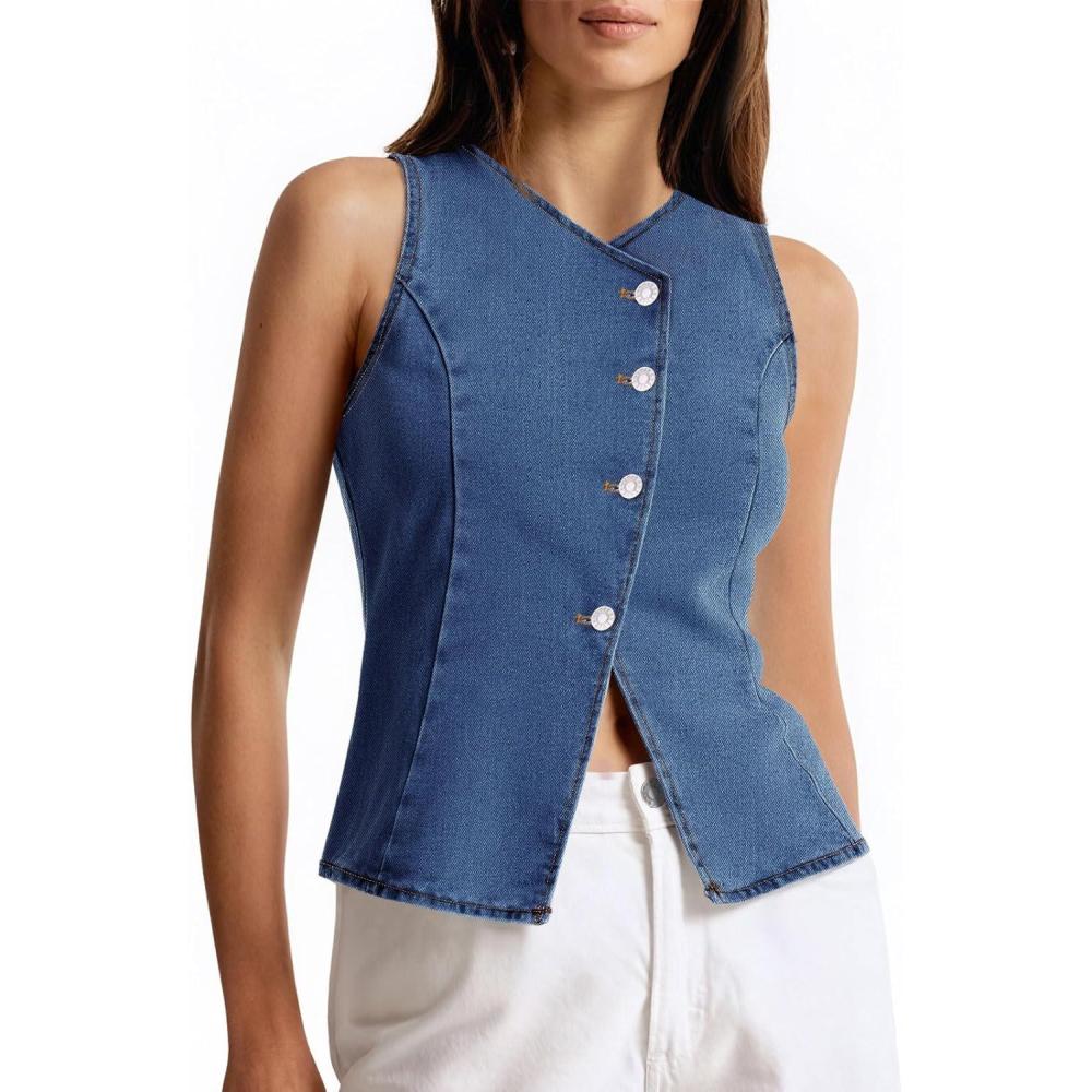 imageTankaneo Womens Button Down Denim Vests Tops Sleeveless Fitted Jean Tank Tops Y2k Trendy Casual WaistcoatNavy