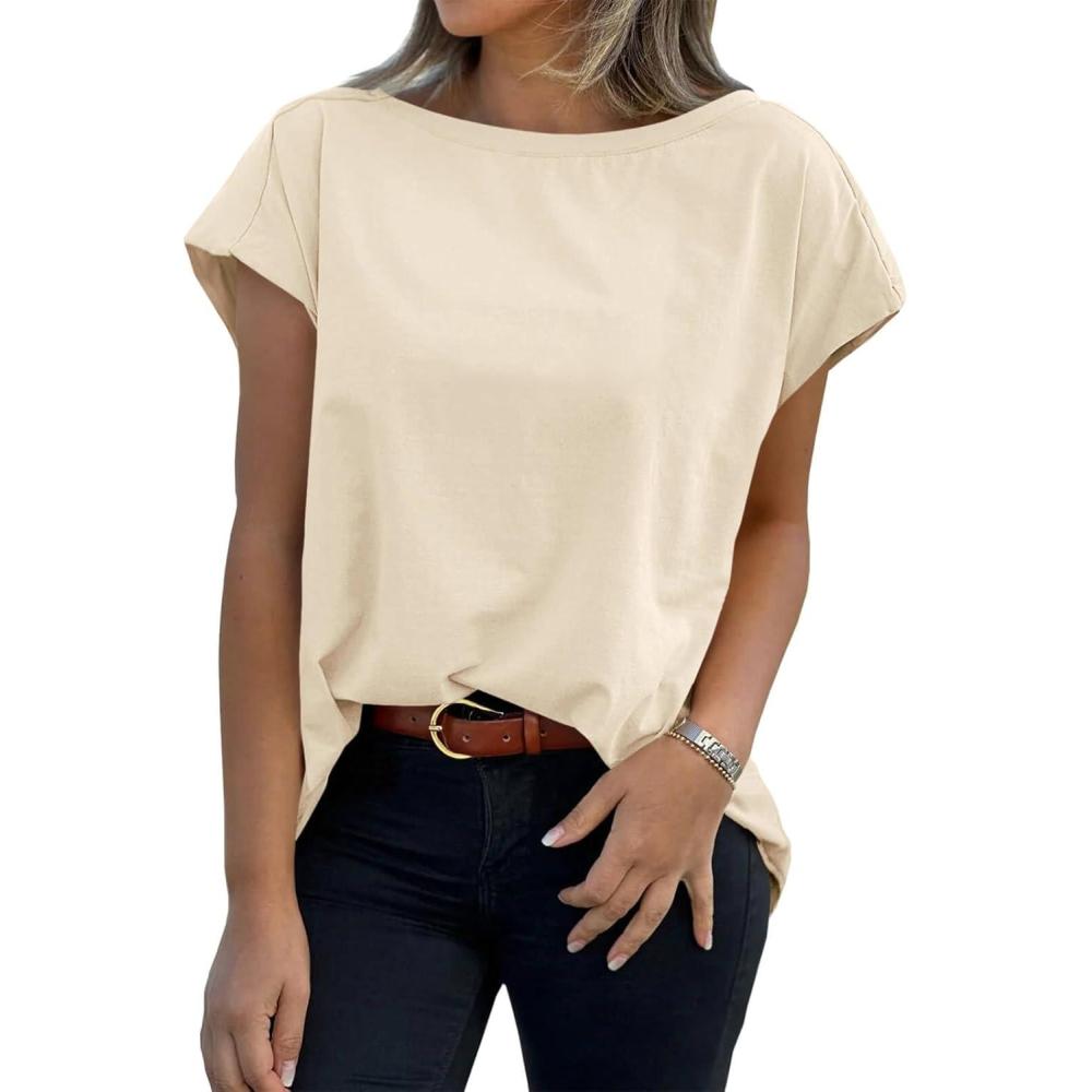 imageTankaneo Womens Cap Sleeve Tops Boat Neck TShirts Summer Casual Loose Fit Basic TeesBeige