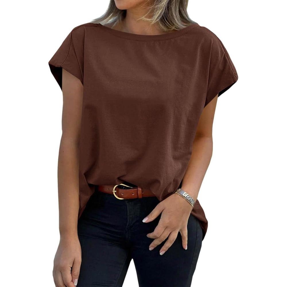 imageTankaneo Womens Cap Sleeve Tops Boat Neck TShirts Summer Casual Loose Fit Basic TeesBrown