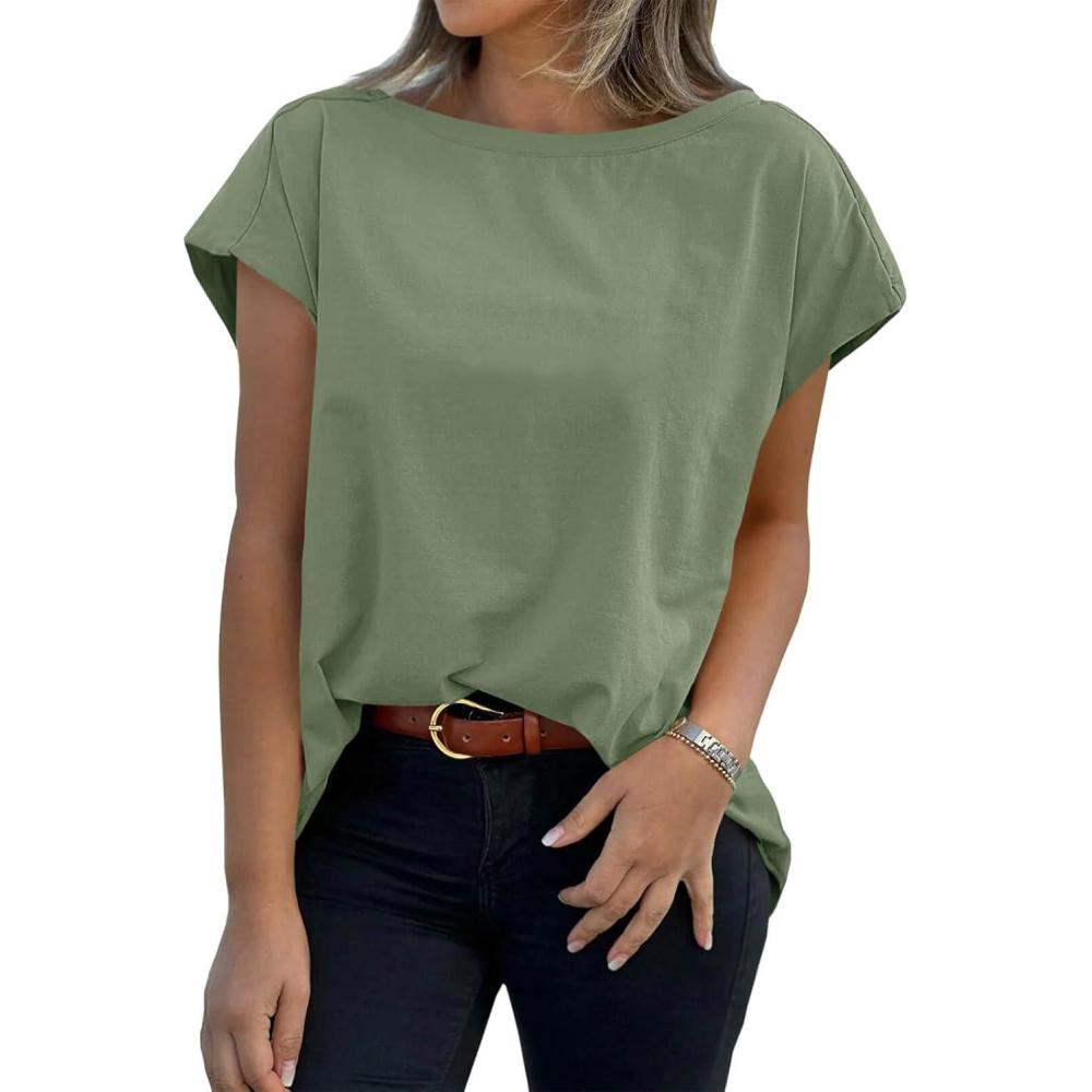 imageTankaneo Womens Cap Sleeve Tops Boat Neck TShirts Summer Casual Loose Fit Basic TeesGreen
