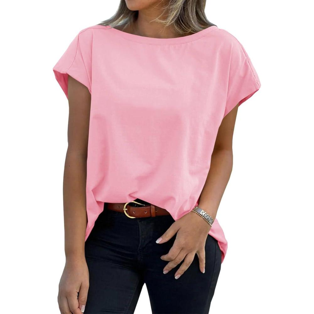 imageTankaneo Womens Cap Sleeve Tops Boat Neck TShirts Summer Casual Loose Fit Basic TeesPink