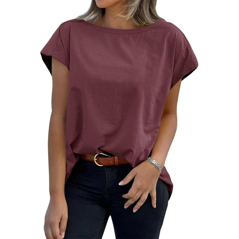 imageTankaneo Womens Cap Sleeve Tops Boat Neck TShirts Summer Casual Loose Fit Basic TeesPurple