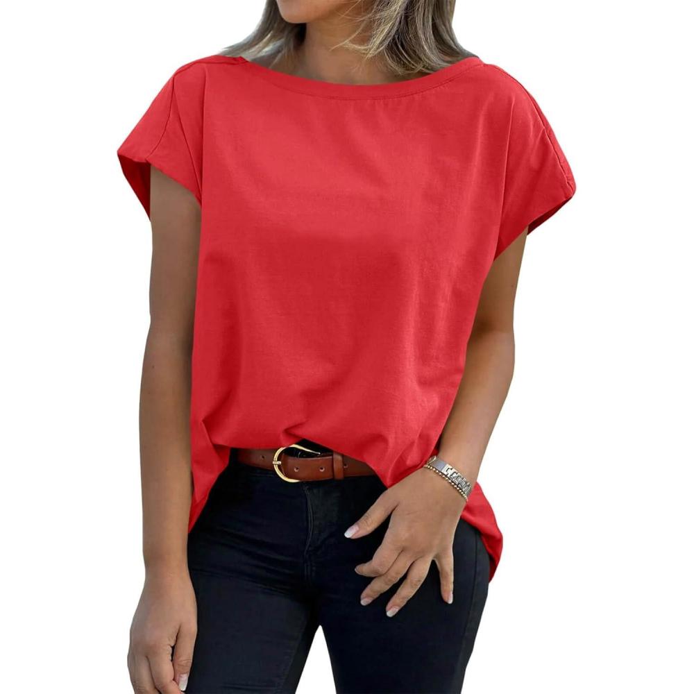 imageTankaneo Womens Cap Sleeve Tops Boat Neck TShirts Summer Casual Loose Fit Basic TeesRed