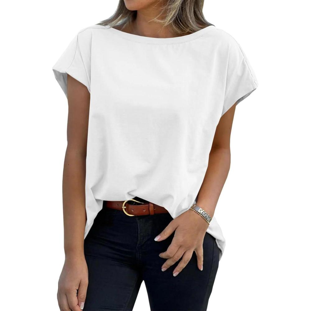 imageTankaneo Womens Cap Sleeve Tops Boat Neck TShirts Summer Casual Loose Fit Basic TeesWhite