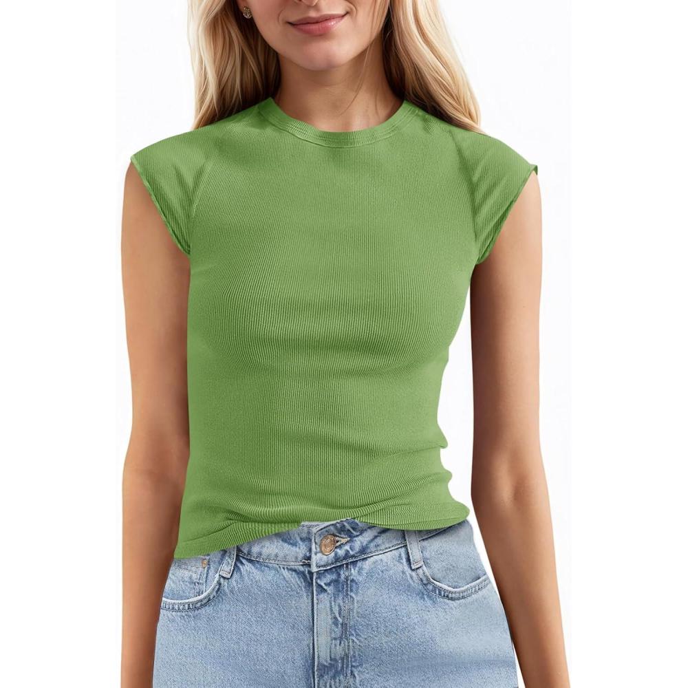 imageTankaneo Womens Cap Sleeve Tops Crew Neck Ribbed Knit T Shirt Summer Casual Slim Fit Basic Tees TshirtArmy Green