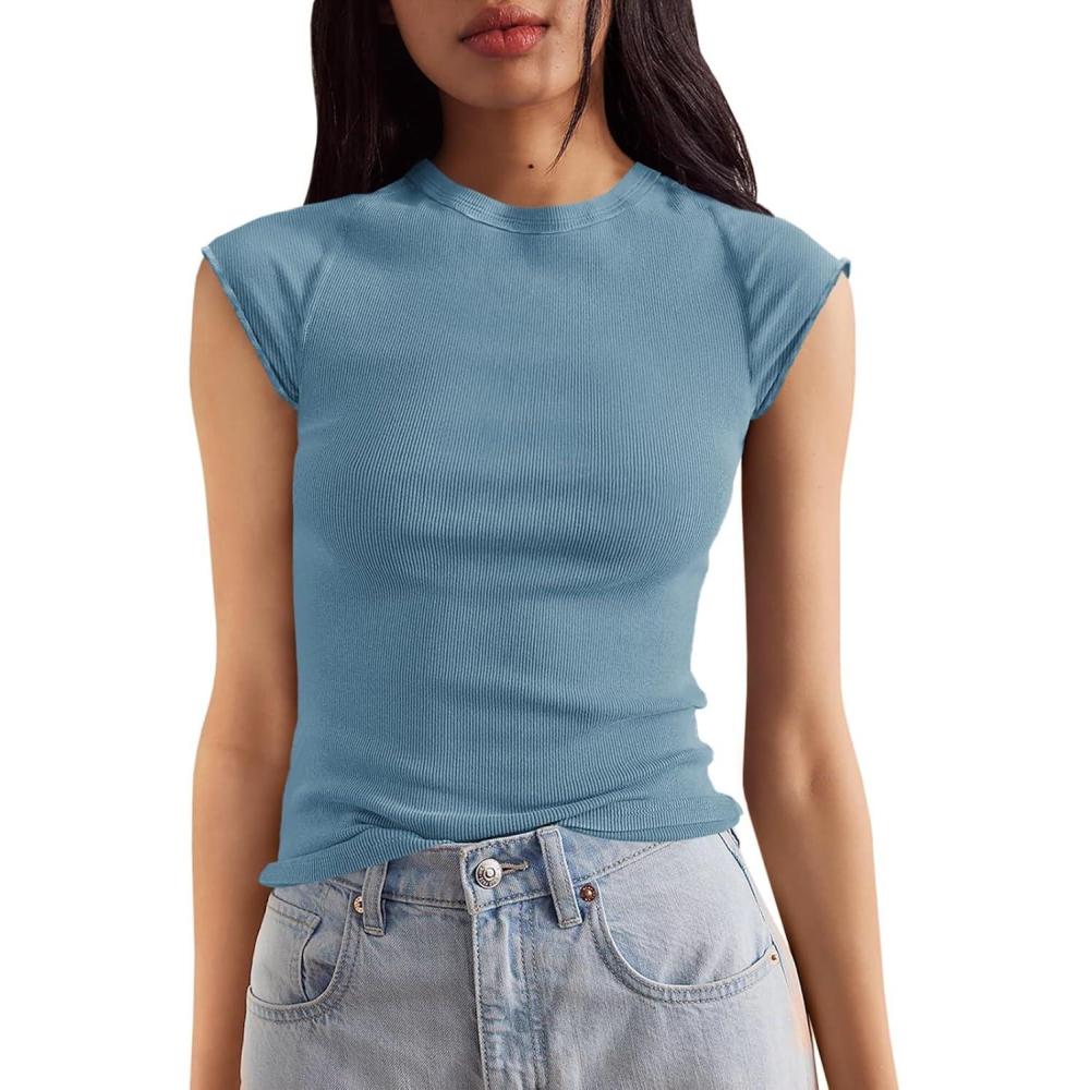 imageTankaneo Womens Cap Sleeve Tops Crew Neck Ribbed Knit T Shirt Summer Casual Slim Fit Basic Tees TshirtBluish Gray