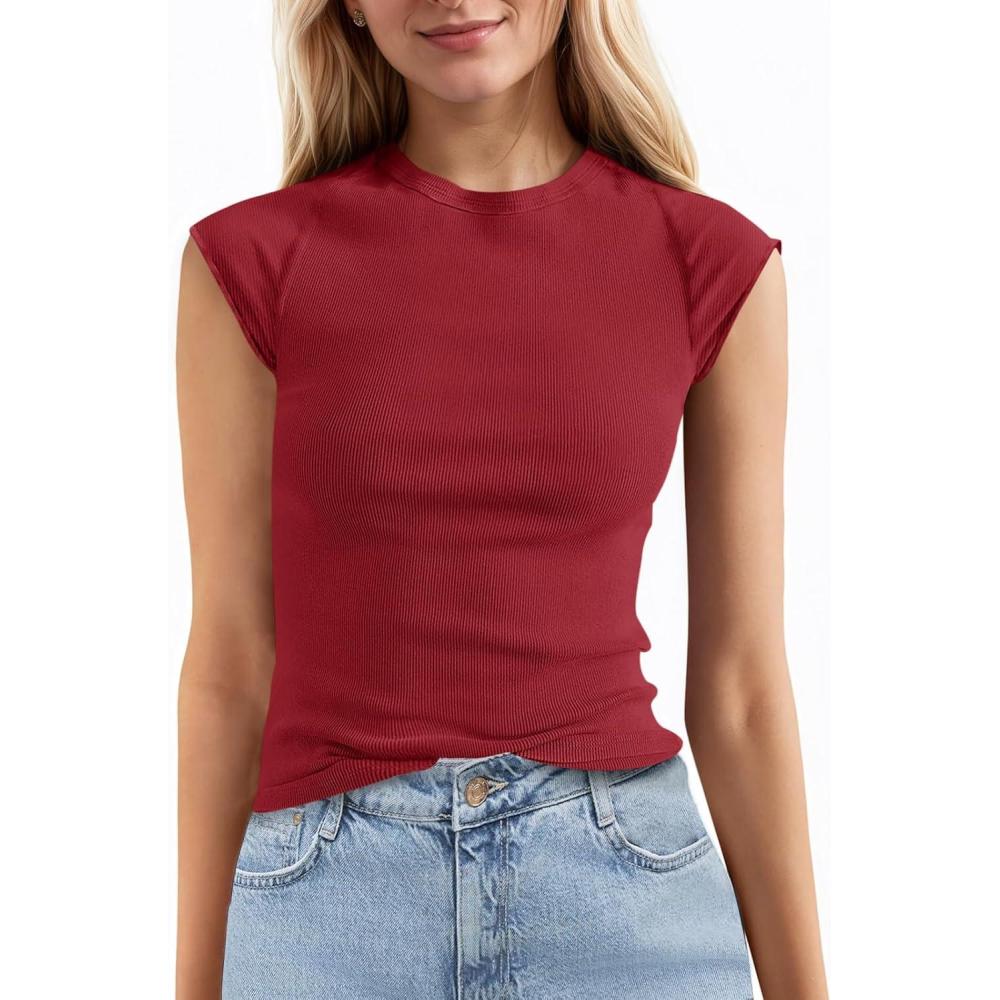 imageTankaneo Womens Cap Sleeve Tops Crew Neck Ribbed Knit T Shirt Summer Casual Slim Fit Basic Tees TshirtBurgundy