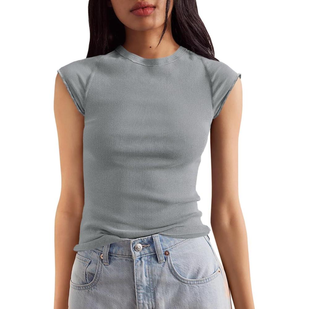 imageTankaneo Womens Cap Sleeve Tops Crew Neck Ribbed Knit T Shirt Summer Casual Slim Fit Basic Tees TshirtGrey