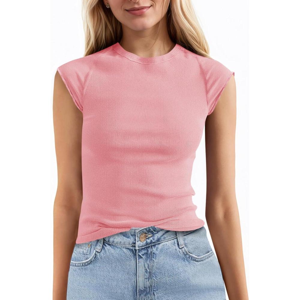 imageTankaneo Womens Cap Sleeve Tops Crew Neck Ribbed Knit T Shirt Summer Casual Slim Fit Basic Tees TshirtLight Pink