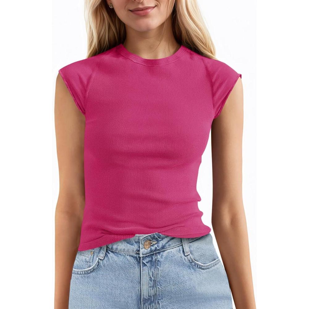 imageTankaneo Womens Cap Sleeve Tops Crew Neck Ribbed Knit T Shirt Summer Casual Slim Fit Basic Tees TshirtRose Red
