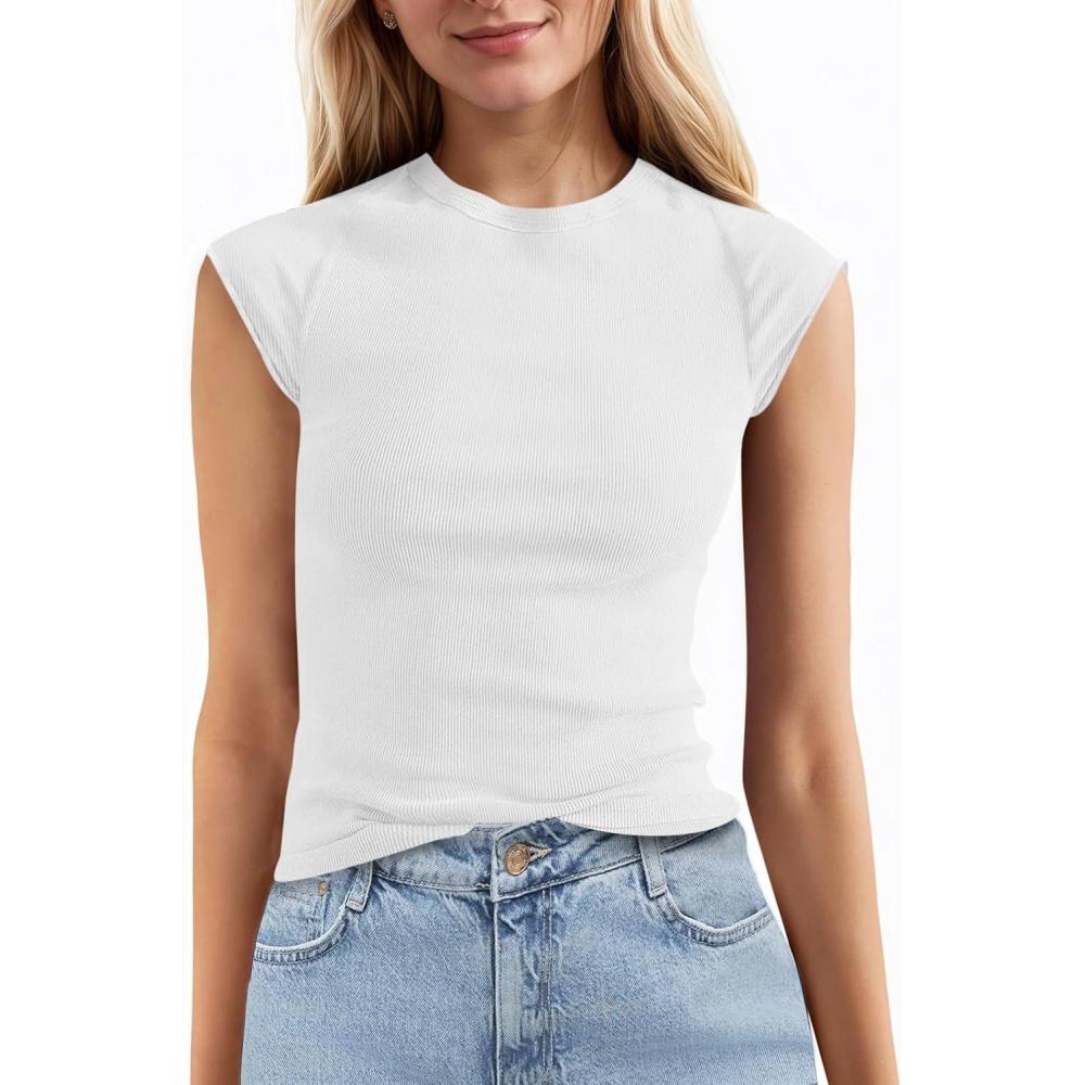 imageTankaneo Womens Cap Sleeve Tops Crew Neck Ribbed Knit T Shirt Summer Casual Slim Fit Basic Tees TshirtWhite